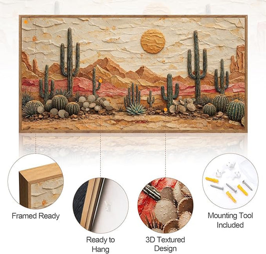 Aurlan Boho Cactus Arizona Desert Landscape Framed Wall Art(40"x20"), 3D Textured Orange Green Sunset Nature Canvas Artwork, Large Abstract Vintage Southwestern Aztec Mexican Succulent Painting Decor for Home Office Living Room Bedroom