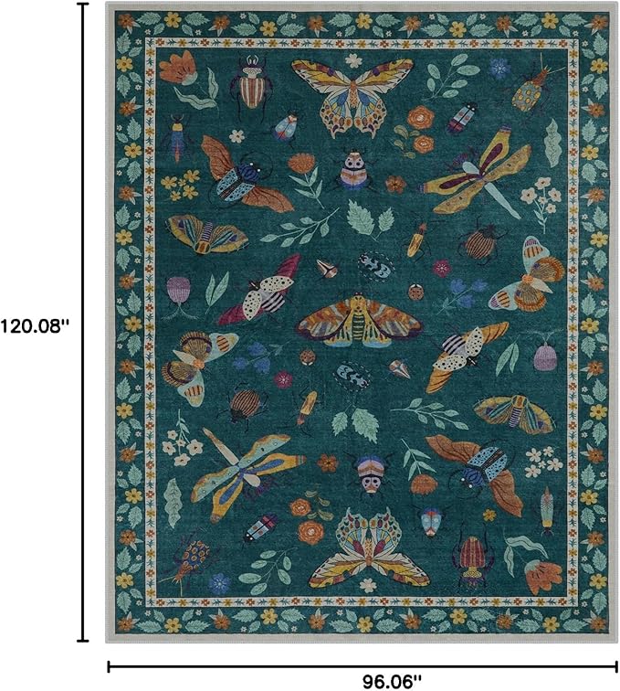 Lahome Insect Washable Rugs 8x10, Soft 8x10 Area Rugs for Living Room, Non Slip Bedroom Rug Under Bed Ultra-Thin Large Carpet for Dining Room Office Playroom Vionnet(8'x10',Dark Green)