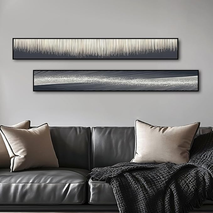 Large Framed Long Narrow Vertical Abstract Wall Art Set of 2, Premium Crystal Porcelain Canvas Prints, Black White Gold Modern Design - Perfect for Entryway, Hallway, Living Room, Bedroom - 63x10 inch