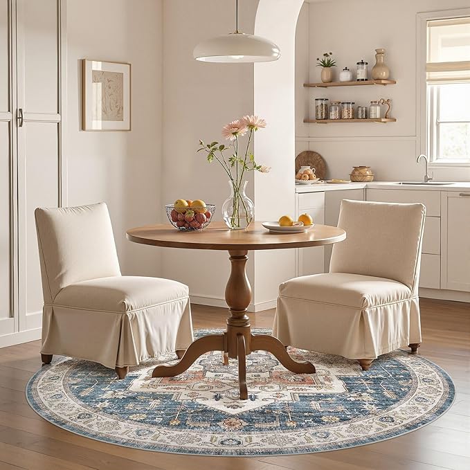 6x6 Round Area Rugs Washable Vintage - Soft Traditional Rugs for Living Room Large Non Slip Backing with Low Pile Farmhouse Oriental Retro Carpet for Bedroom Dining Room or Home Office - Blue
