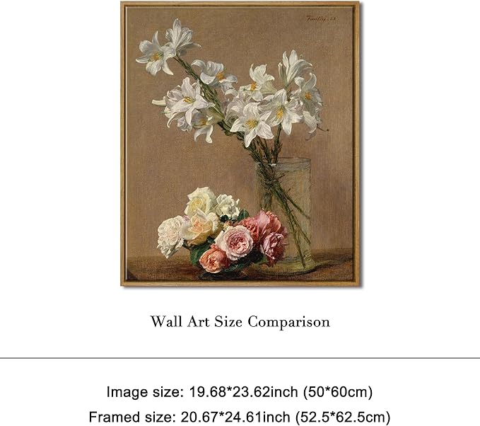 Pyradecor Vintage Wall Art Retro Large Framed Living Room Decor Roses and Lilies Canvas Prints Classical Floral Painting for Bedroom Kitchen Farmhouse Office Decorations AH1105-5060NW