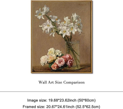 Pyradecor Vintage Wall Art Retro Large Framed Living Room Decor Roses and Lilies Canvas Prints Classical Floral Painting for Bedroom Kitchen Farmhouse Office Decorations AH1105-5060NW