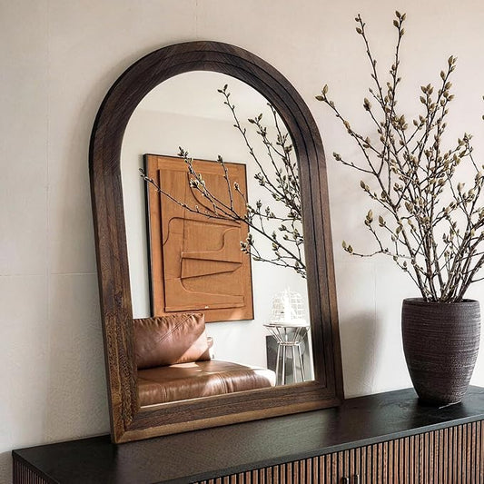 TRAHOME Arched Bathroom Mirror, 36"x24" Brown Wood Frame Wall Mirror, Farmhouse Vintage Vanity Mirror with Layered Frame for Entryway, Living Room, Bedroom