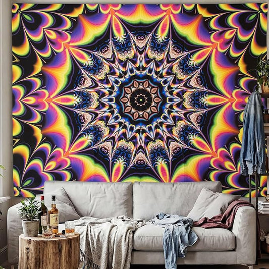 PRRPRR Blacklight Mandala Tapestry for Bedroom, UV Reactive Trippy Wall Tapestry, Bohemian Aesthetic Wall Art Decor for Adults Teens (Mandala Red, 78"x59")