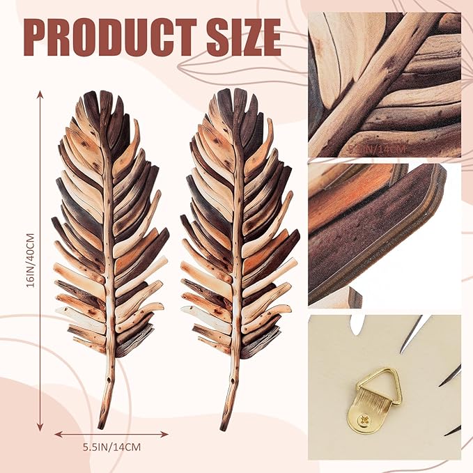 Yerliker 2 Pcs Wooden Driftwood Leaf Wall Art Decor Hanging Sculpture Farmhouse Botanical Hanging Living Room Bedroom Bathroom Kitchen Office Boho Home Decorations 16-5.5''(Vintage Brown)