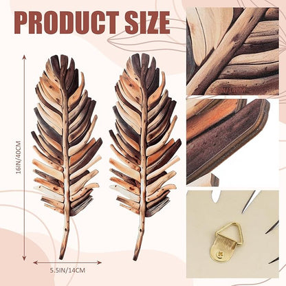Yerliker 2 Pcs Wooden Driftwood Leaf Wall Art Decor Hanging Sculpture Farmhouse Botanical Hanging Living Room Bedroom Bathroom Kitchen Office Boho Home Decorations 16-5.5''(Vintage Brown)
