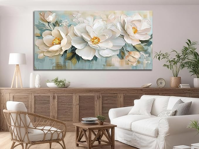 Enartly White Flowers Canvas Wall Art, Natural Plant Painting Textured Artwork for Living Room Bedroom Hallway Kitchen Dining Room Home Office Wall Decor, 48"x24"