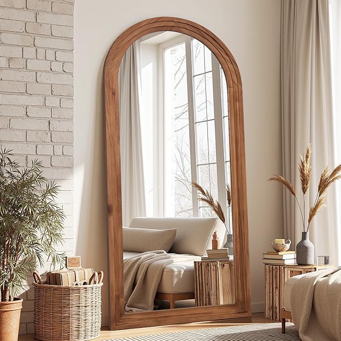 Antok Full Length Mirror with Solid Wood Frame, 71"×32" Wall Mounted Oversized Floor Mirror with Stand, Leaning Standing Hanging for Bedroom Living Room Entryway, Browm, Arched Syle