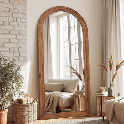 Antok Full Length Mirror with Solid Wood Frame, 76"×34" Wall Mounted Oversized Floor Mirror with Stand, Leaning Standing Hanging for Bedroom Living Room Entryway, Brown, Arched Syle