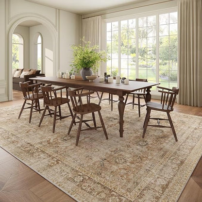 Washable 10x14 Area Rugs for Living Room, Boho Non-Slip Vintage Distress Large Rugs for Bedroom Dining Room Office, 0.3" Neutral Oriental Throw Thin Carpet, Brown/Multi, C1