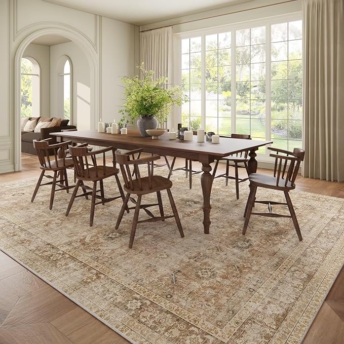Washable 9x12 Area Rugs for Living Room, Boho Non-Slip Vintage Distress Lager Rugs for Bedroom Dining Room Nursery Office, 0.3" Neutral Oriental Throw Thin Carpet, Brown/Multi, C1