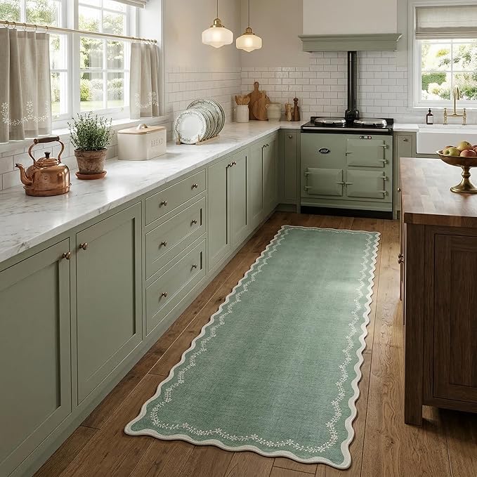 GarveeHome 2.6x10 Scalloped Washable Runner Rug for Kitchen, Soft Green Long Hallway Runner Non Slip Entryway Rug Farmhouse Thin Laundry Mat Stain Resistant Carpet for Bathroom Beside Rug