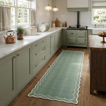GarveeHome 2.6x10 Scalloped Washable Runner Rug for Kitchen, Soft Green Long Hallway Runner Non Slip Entryway Rug Farmhouse Thin Laundry Mat Stain Resistant Carpet for Bathroom Beside Rug