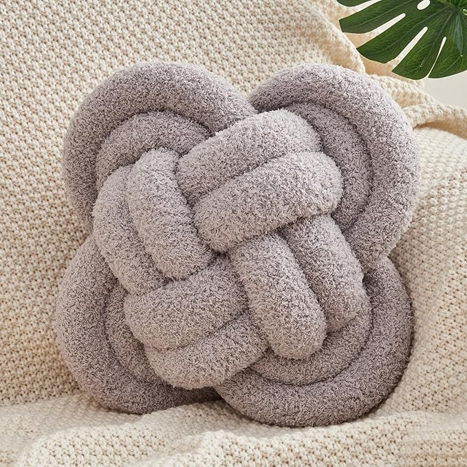 Knot Pillow, 12" Soft Decorative Throw Pillows for Couch Bed, Gray Pink Knotted Plush Throw Pillow Handmade Square Cushion Home Decor Pillows (Grey, 12 Inches X12 Inches)