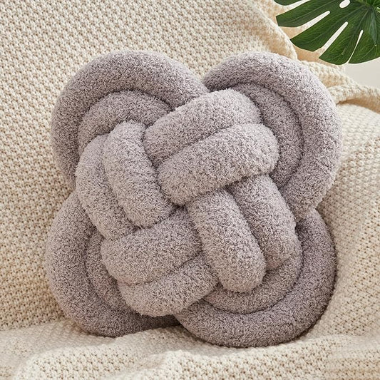 Knot Pillow, 12" Soft Decorative Throw Pillows for Couch Bed, Gray Pink Knotted Plush Throw Pillow Handmade Square Cushion Home Decor Pillows (Grey, 12 Inches X12 Inches)