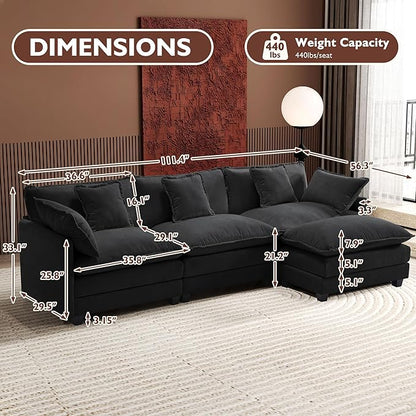 Ihanherry 111.4" L Shaped Modern Sofa Modular Sectional Cloud Couch with Ottoman, 4-Seat Chenille Deep Seat Sofa with Pillow for Living Room, Bedroom and Apartment, Black