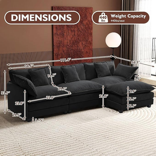 Ihanherry 111.4" L Shaped Modern Sofa Modular Sectional Cloud Couch with Ottoman, 4-Seat Chenille Deep Seat Sofa with Pillow for Living Room, Bedroom and Apartment, Black