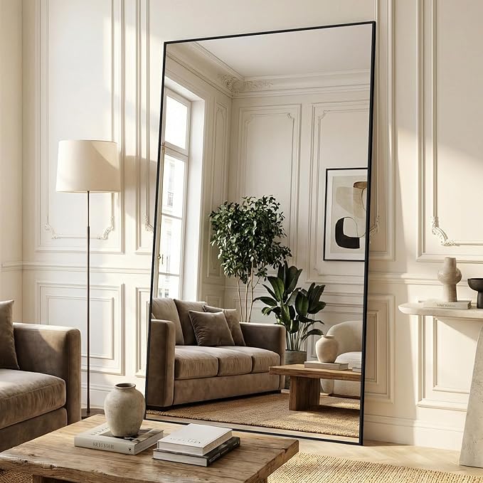 Antok 72''x44'' Full Length Mirror, Shatterproof HD Oversized Floor Mirror with Stand, Aluminum Alloy Frame Leaning Standing or Wall Mounted Mirror for Bedroom Living Room Entryway, Black