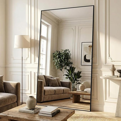 Antok 72''x44'' Full Length Mirror, Shatterproof HD Oversized Floor Mirror with Stand, Aluminum Alloy Frame Leaning Standing or Wall Mounted Mirror for Bedroom Living Room Entryway, Black