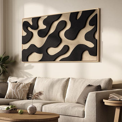 Large Framed 3D Abstract Wall Art for Living Room, Horizontal Black and Beige Textured Paintings Artwork for Walls, Neutral Modern Pictures for Bedroom Dining Room Home Office Wall Decor, 60x30 In