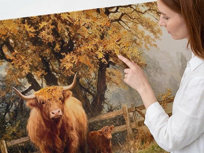 Ardemy Highland Cow Wall Art Mother and Baby Hand-painted Texture Canvas Painting 40"x20" Rustic Farmhouse Decor for Living Room Bedroom Home Office Animal Picture Artwork