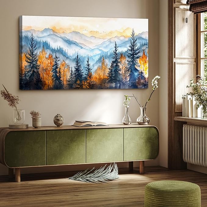 crmotu Landscape Wall Art, Mountain Wall Decor, Oversized Wall Art, Autumn Forest Scenic Watercolor Painting, Modern Pictures Wall Decor Living Room Bedroom Dining Room office Art Prints 29"X57"