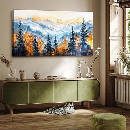 crmotu Landscape Wall Art, Mountain Wall Decor, Oversized Wall Art, Autumn Forest Scenic Watercolor Painting, Modern Pictures Wall Decor Living Room Bedroom Dining Room office Art Prints 29"X57"