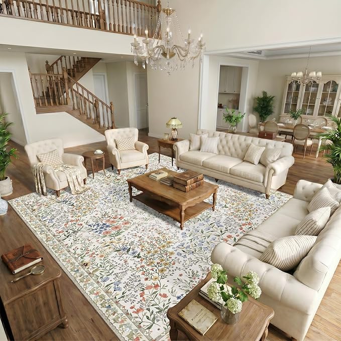 12x12 Square Area Rug Living Room: Boho Floral Washable Mat for Dining Room Bedroom Office High Traffic Area Soft Non Slip Low Pile Indoor Carpet for Vintage Farmhouse Home Decor (12ft Square, Beige)