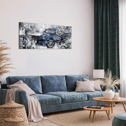 LevvArts Men Bedroom Wall Decor Vintage Car Painting Prints Industrial Steampunk Pictures Blue and Gray Artwork 20"x48"