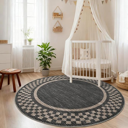 4ft Washable Round Rug for Entryway Modern Checkered Bedroom Circle Rug Non Slip Soft Dining Room Round Throw Carpet Small Stain Resistant Border Round Rugs for Living Room Kitchen Bathroom, Black