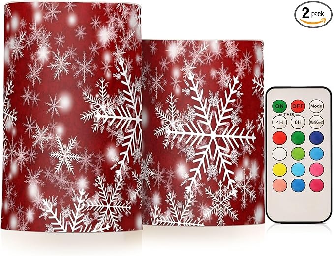 Christmas Lights Decorations Flameless Candles Christmas Background with Snowflakes Red Pillar Candles Set of 2 Battery Operated Remote Control Warm Lights