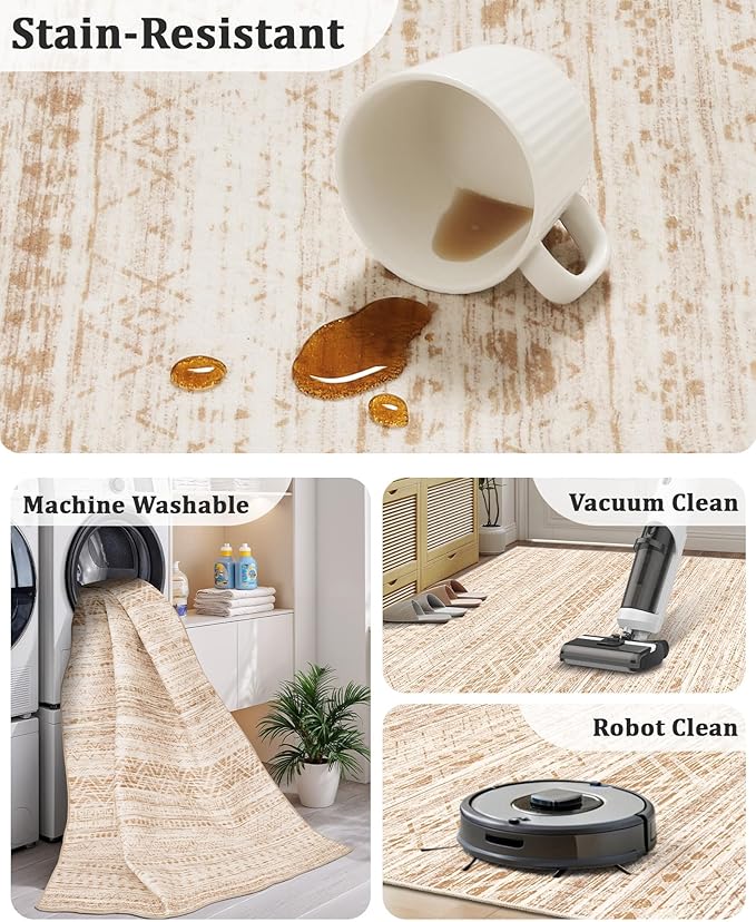 Miukiki 9x12 Area Rug for Living Room Moroccan Washable Rugs Non Slip Indoor Floor Carpet Foldable Large Soft Area Rug for Dining Room Bedroom with Low Pile(Beige,9'x12')