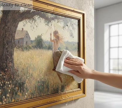 Vintage Gold Framed Canvas Wall Art, Swing Girl Poster Artwork, Country Landscape Print Picture, English Cottage Wildflorals Painting Wall Decor, for Living Room, Bedroom, Home Decoration, 9x11in