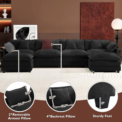 Ihanherry U-Shaped Modern Sofa 146" Modular Sectional Cloud Couch with 2 Ottoman, 6-Seat Chenille Deep Seat Sofa with 6 Pillows for Living Room, Black
