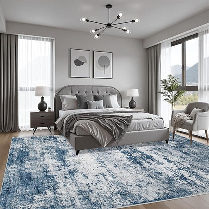 4x6 Area Rug Living Room Rug: Washable Modern Abstract Soft Thin Rug Indoor Floor No Slip Stain Resistant Carpet for Bedroom Dining Room Farmhouse Nursery Home Office - Blue