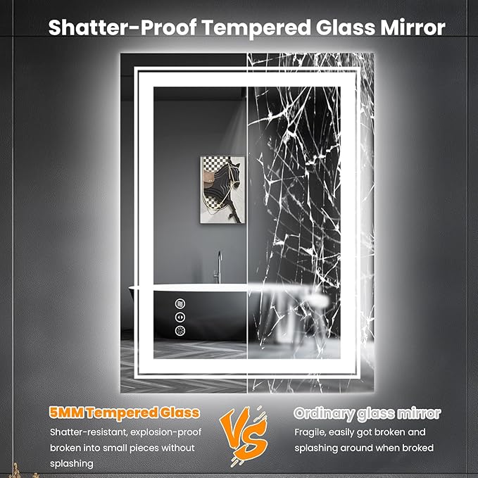 Snowdool LED Bathroom Mirror, 20"x28" Mirror with Front and Backlit, Anti-Fog, Bathroom Vanity Mirror for Wall, Memory, Stepless Dimmable, Tempered Glass (Horizontal/Vertical)
