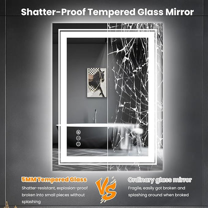 Snowdool LED Bathroom Mirror, 20"x28" Mirror with Front and Backlit, Anti-Fog, Bathroom Vanity Mirror for Wall, Memory, Stepless Dimmable, Tempered Glass (Horizontal/Vertical)