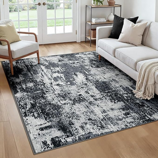 RELEANY Washable Area Rugs Square 6ft Non-Slip Modern Abstract Soft for Living Room Entryway Bedroom Nursery, Print Pattern, Black Navy Blue Gray