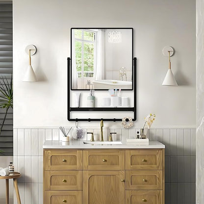 Modern Black Square Wall Mirror with Shelf and Hooks, 21.7 x 29.3 Inch Large Bathroom Mirror with 10° Adjustable Tilt for Entryway, Living Room, Hallway, Bedroom