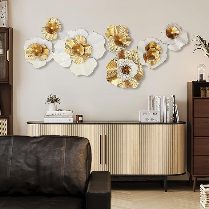 White Gold Abstract Wall Decor - Modern Metal Wall Sculptures, Large 3D Vertical 49"*25" Flower Wall Decor for Living Room, Dining Room, Bedroom