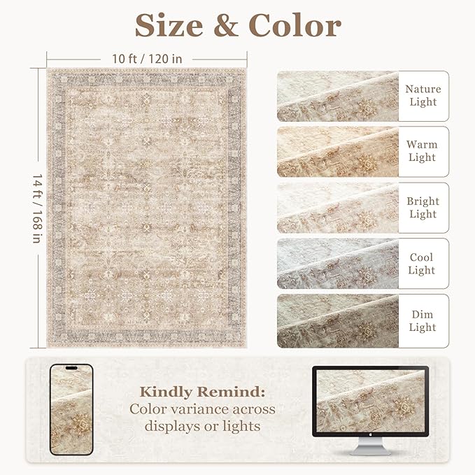 Large Rugs for Living Room 10x14, Farmhouse Big Area Rug for Bedroom Dining Room, Washable Non Slip Low Pile Thin Room Rug for Dining Room Family Room, Earth Tone Beige Taupe