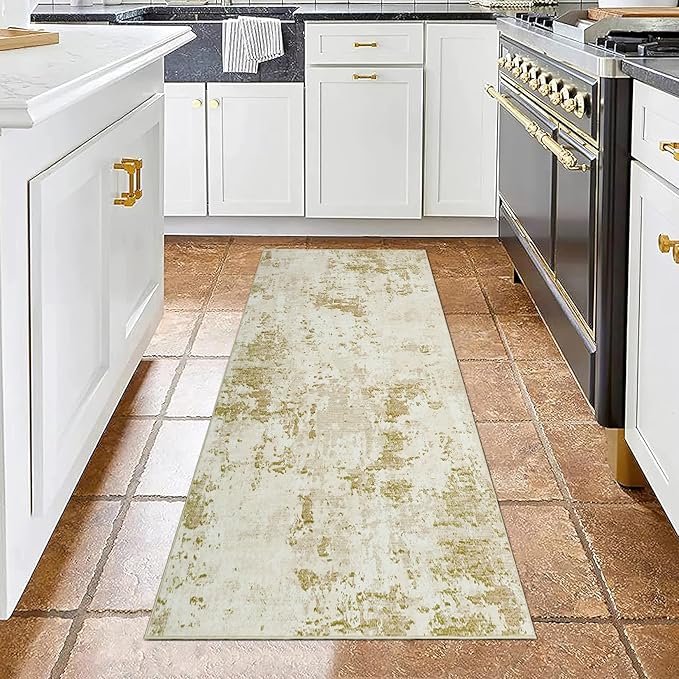 ROYHOME Modern Abstract Runner Rug 2x5 Washable Non Slip Stain Resistant Rug for Bedroom Living Room Non Shedding Low Pile Indoor Floor Cover,Golden Grey