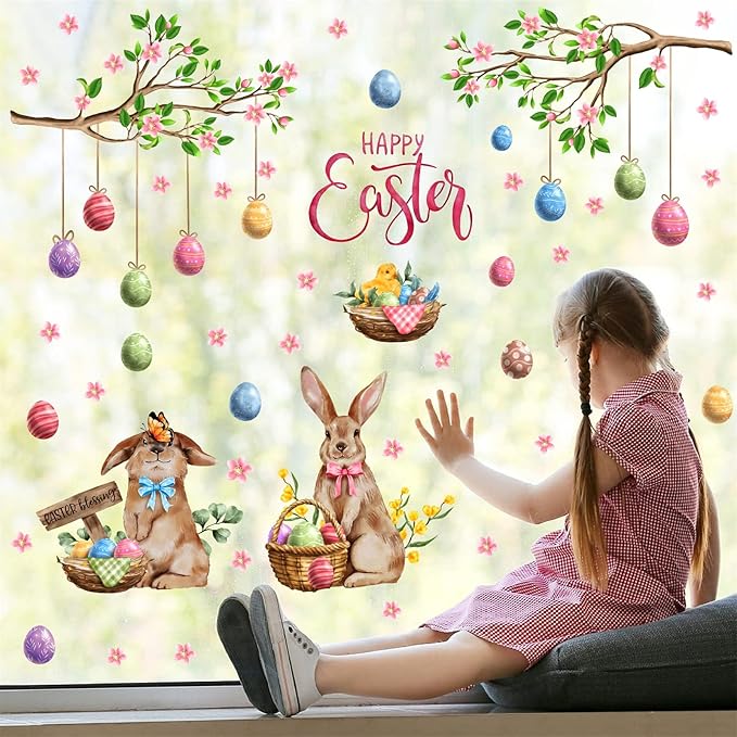 Happy Easter Wall Stickers Bunny Decals for Wall Decroation Easter Eggs Tree Branch Wall Decal Peel and Stick Easters Window Decals Spring Rabbit Sticker for Living Room Bedroom Nusery Supplies
