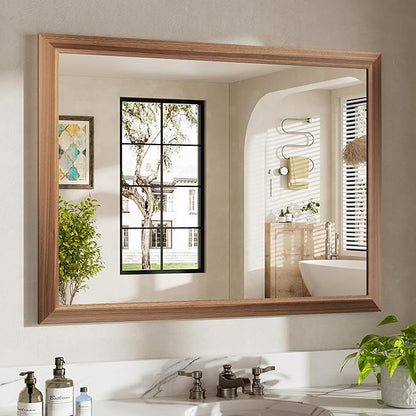 40x30 Inch Bathroom Mirror for Wall, Anti-Rust Walnut Wood Grain Metal Framed Bathroom Mirrors for Over Sink,Rectangler Mirrors for Bathroom Vanity, Farmhouse, Bedroom, Living Room, Entryway Decor