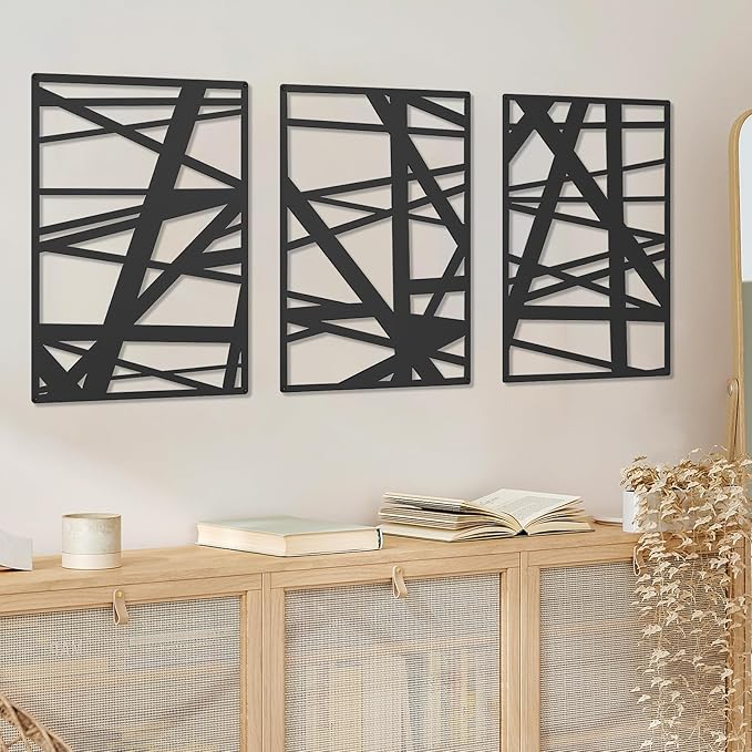 DAYSUP 3 Pieces Black Abstract Metal Wall Art, Minimalist Décor Single Line Art Wall Décor, 3D Textured Metal Wall Sculptures for Living Room Home Decor Bedroom Bathroom Study (16 × 11 inch)