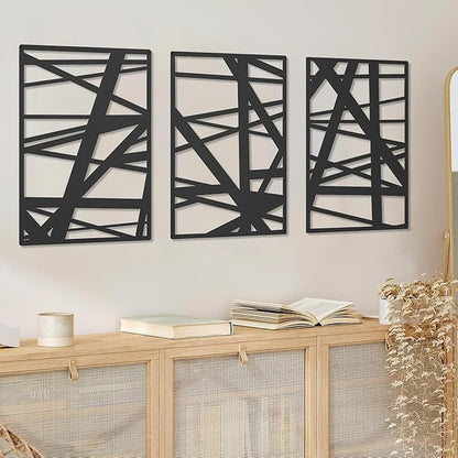 DAYSUP 3 Pieces Black Abstract Metal Wall Art, Minimalist Décor Single Line Art Wall Décor, 3D Textured Metal Wall Sculptures for Living Room Home Decor Bedroom Bathroom Study (16 × 11 inch)