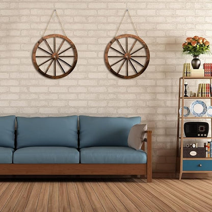 Qunclay 2 Pcs Wagon Wheel Decor Wooden Western Cowboy Party Decorations Vintage Rustic Wagon Wheel Wood Cartwheel Decor for Bar Garage Indoor Outdoor (Brown,18 Inch)