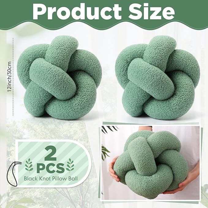 Beeveer 2 Pcs Knot Pillow Ball 12 Inch Soft Decorative Teddy Boucle Knot Throw Pillows for Home Bed Couch Living Room Decor (Green)
