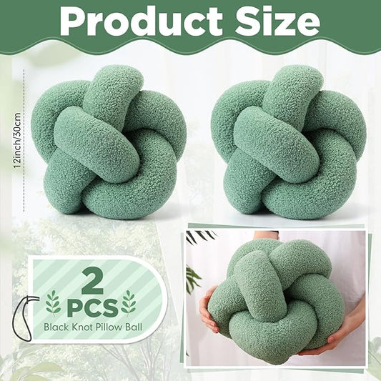 Beeveer 2 Pcs Knot Pillow Ball 12 Inch Soft Decorative Teddy Boucle Knot Throw Pillows for Home Bed Couch Living Room Decor (Green)