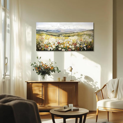 SERIMINO Mountain Floral Landscape Wall Art, Daisy Wildflower Large Canvas Painting, Hill Sunrise Scenery Wall Pictures, Modern Country Aesthetic Wall Decor Living Room Bedroom Art Prints 24X48 Inch